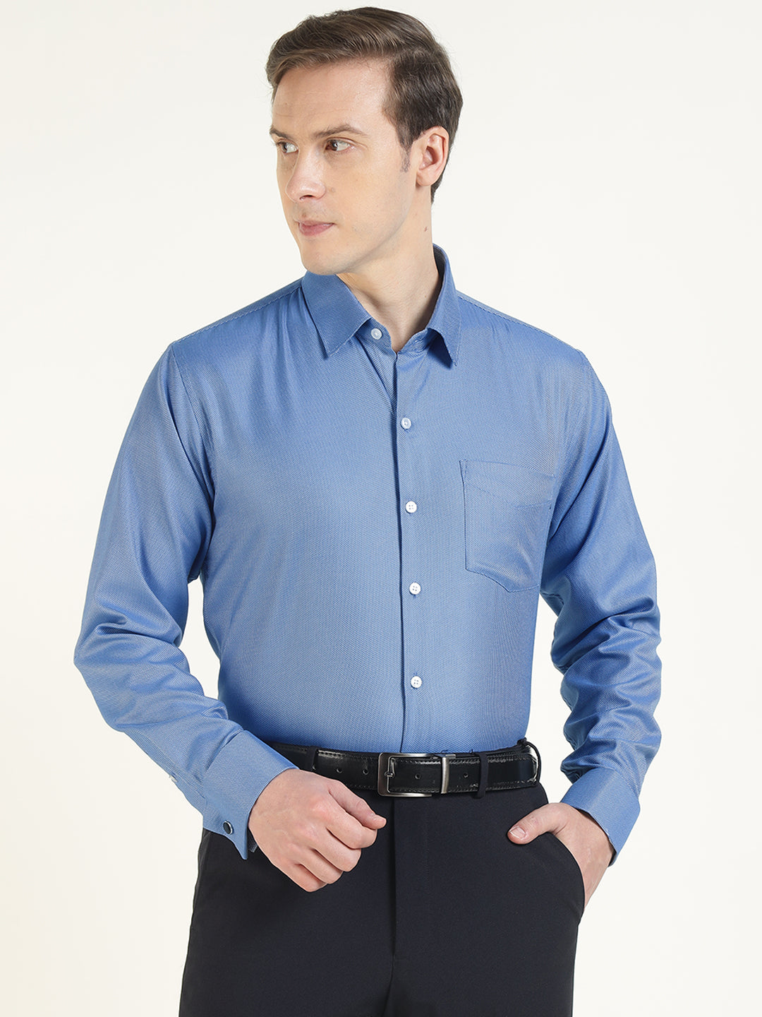 Men Blue Solid Pure Cotton Slim Fit Formal Shirt