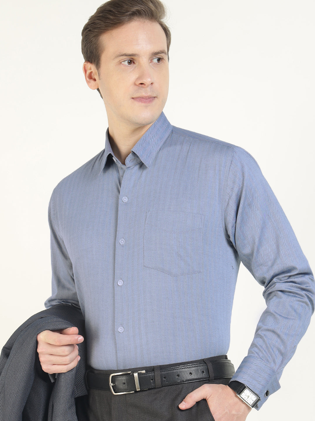 Men Blue Solid Pure Cotton Slim Fit Formal Shirt