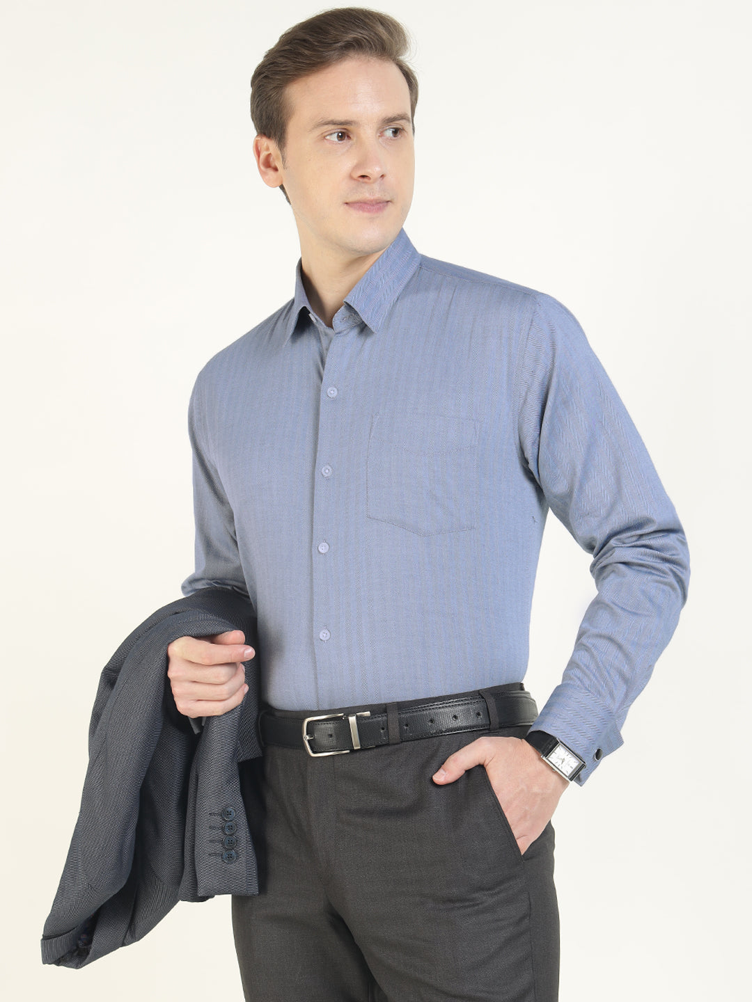 Men Blue Solid Pure Cotton Slim Fit Formal Shirt