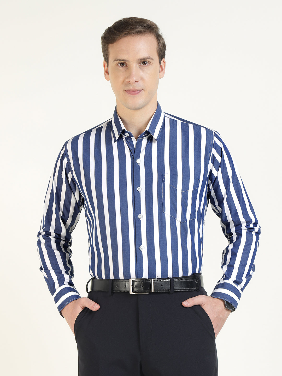 Men White & Blue Striped Pure Cotton Slim Fit Formal Shirt