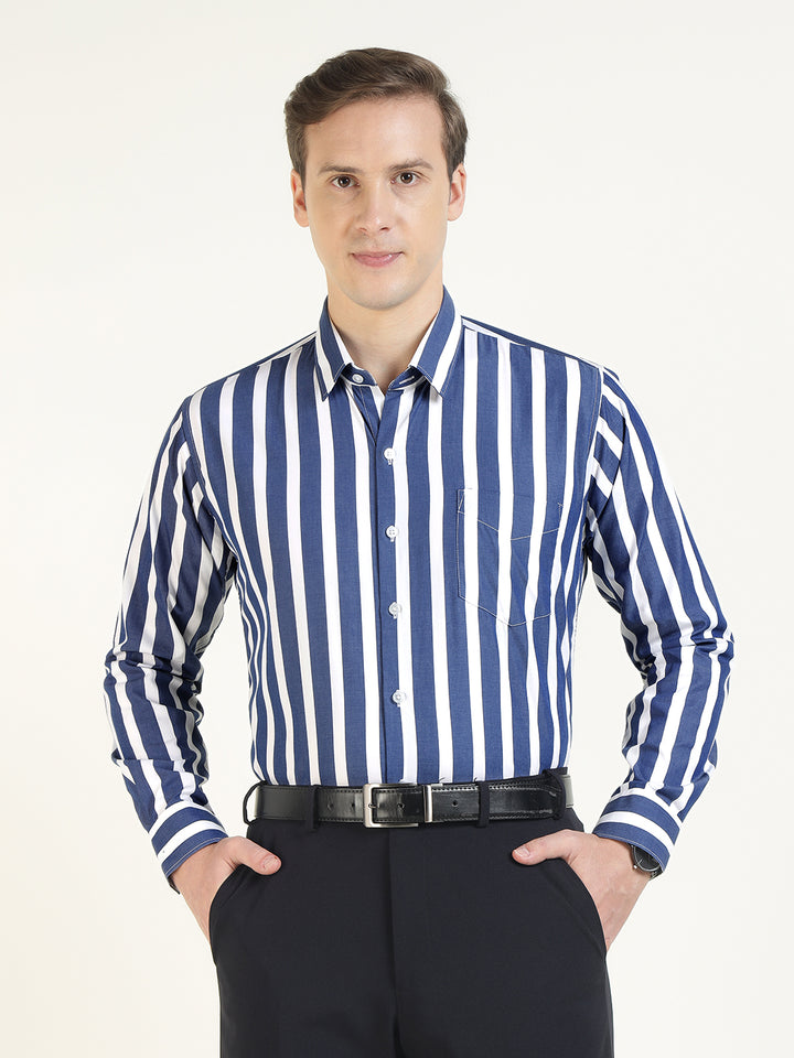 Men White & Blue Striped Pure Cotton Slim Fit Formal Shirt