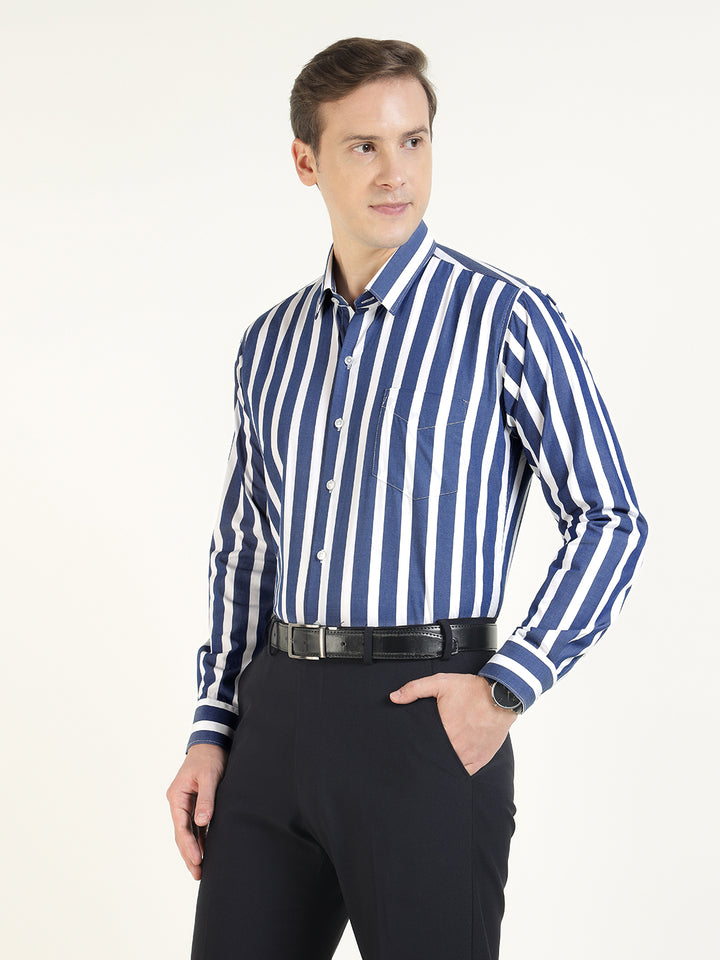 Men White & Blue Striped Pure Cotton Slim Fit Formal Shirt