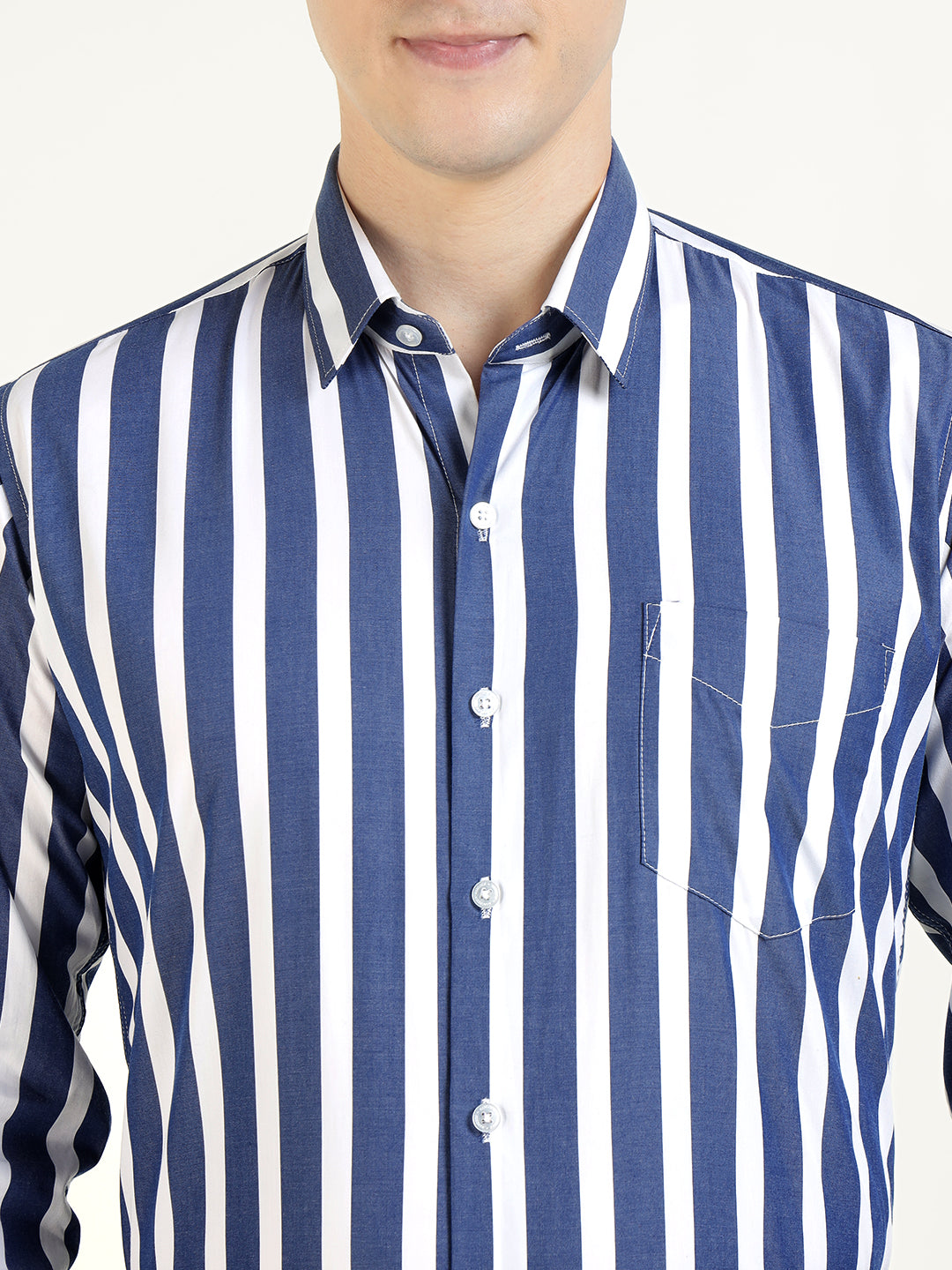 Men White & Blue Striped Pure Cotton Slim Fit Formal Shirt