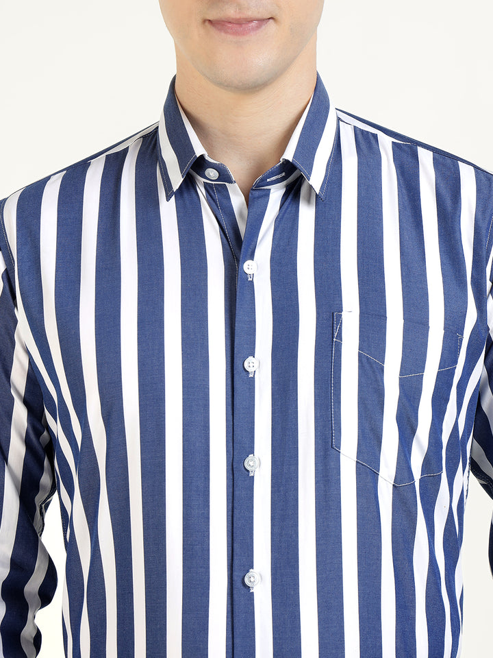 Men White & Blue Striped Pure Cotton Slim Fit Formal Shirt
