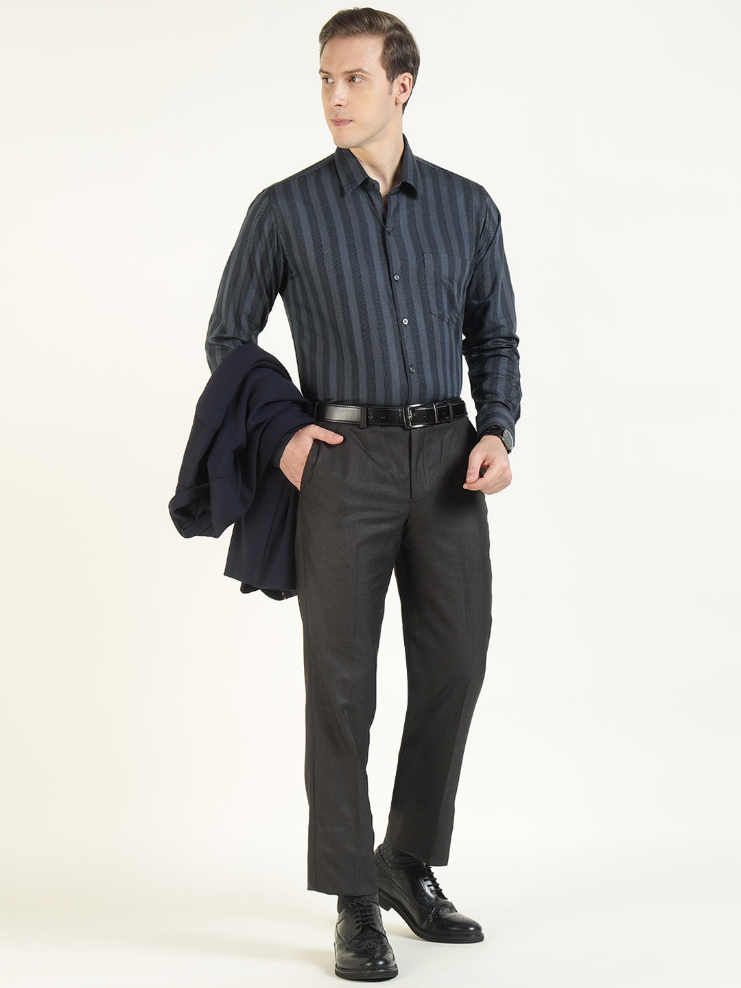 Men Charcoal & Black Solid Pure Cotton Slim Fit Formal Shirt