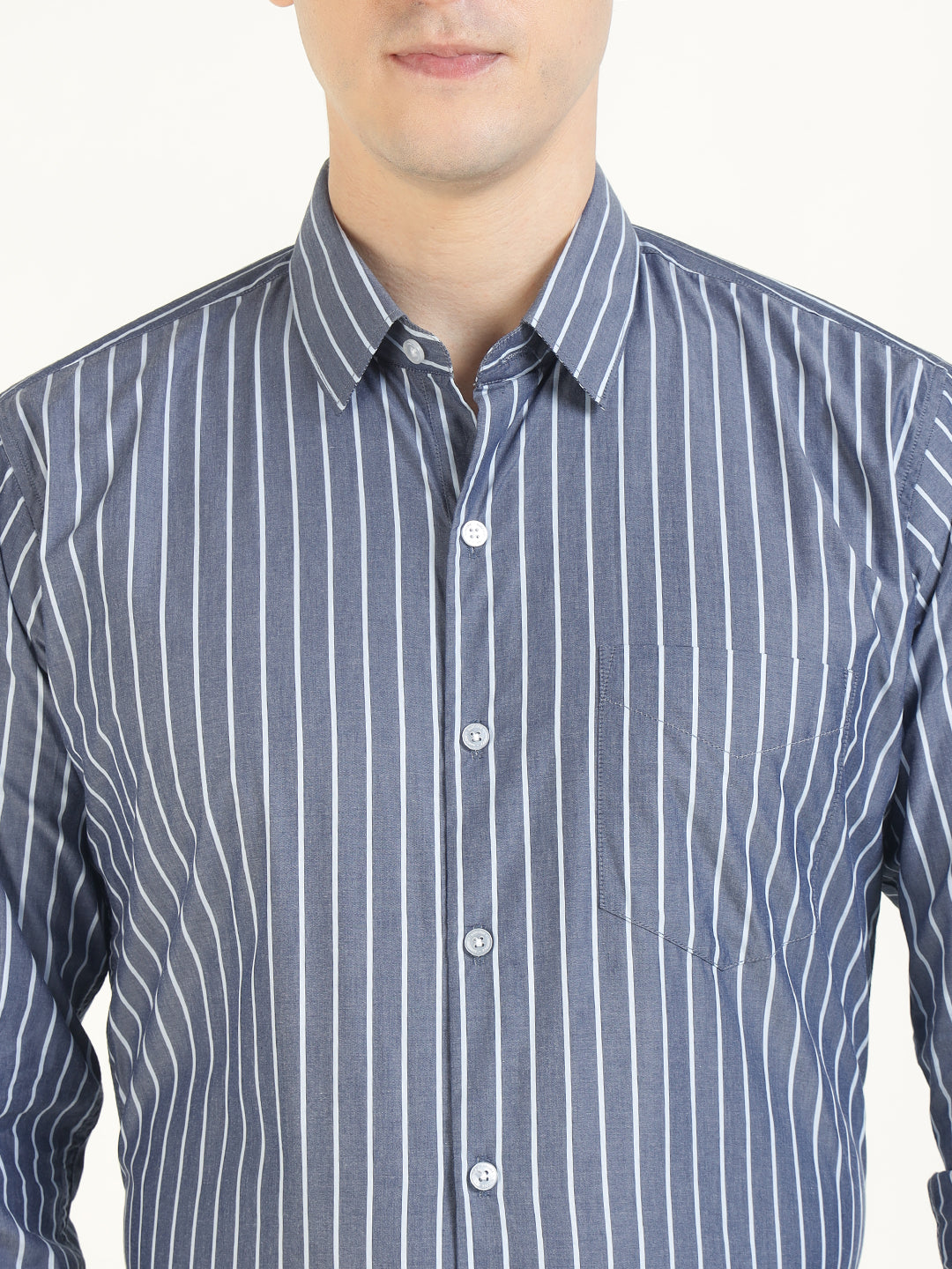 Men Grey Striped Pure Cotton Slim Fit Formal Shirt