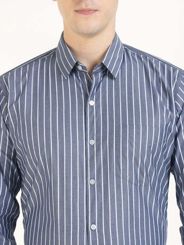Men Grey Striped Pure Cotton Slim Fit Formal Shirt