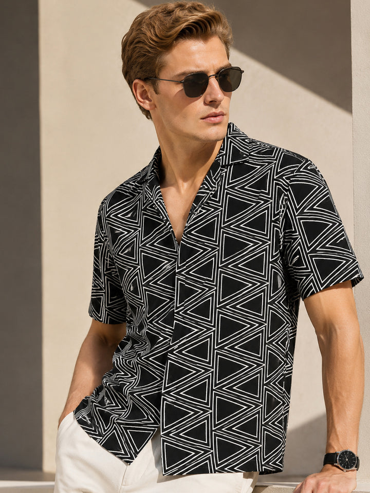 Men Black Printed Viscose Rayon Relaxed Fit Casual Shirt