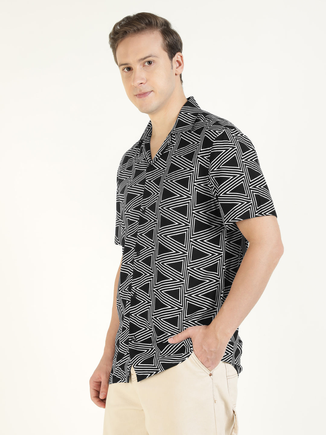 Hancock Men Black Printed Viscose Rayon Relaxed Fit Casual Shirt