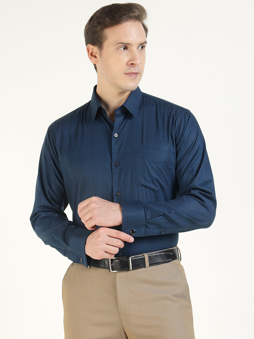 Men Navy Blue Checked Cotton Elastene Slim Fit Formal Shirt