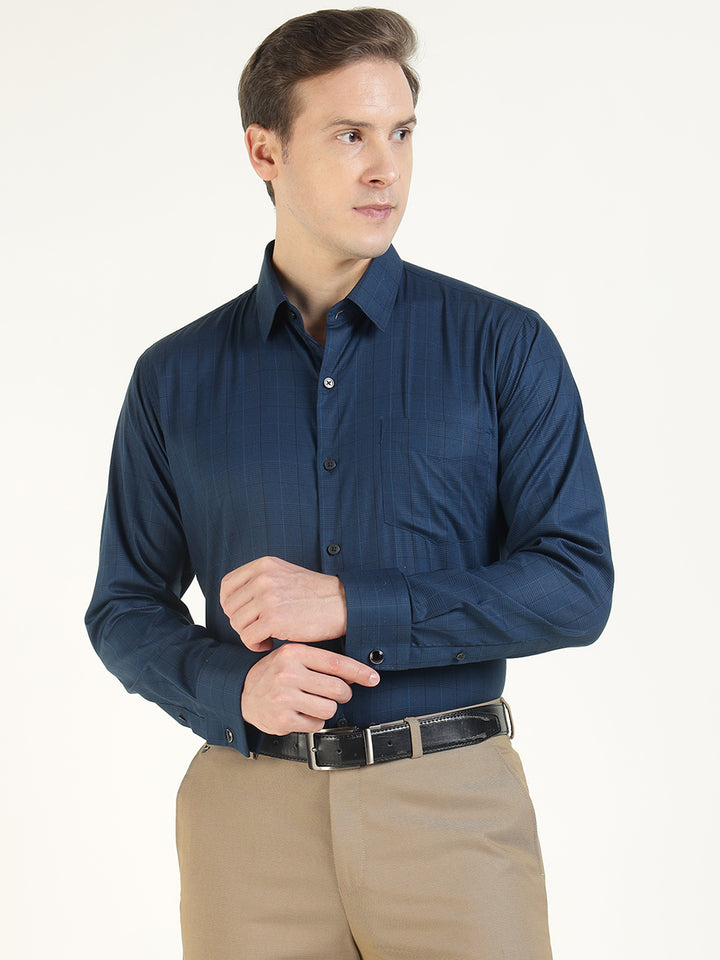 Men Navy Blue Checked Cotton Elastene Slim Fit Formal Shirt