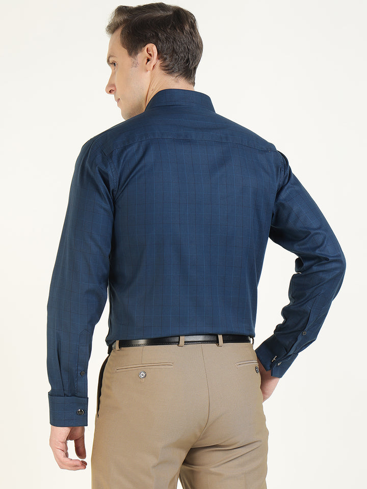 Men Navy Blue Checked Cotton Elastene Slim Fit Formal Shirt