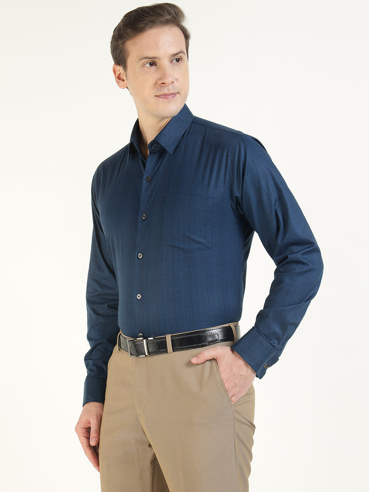 Men Navy Blue Checked Cotton Elastene Slim Fit Formal Shirt