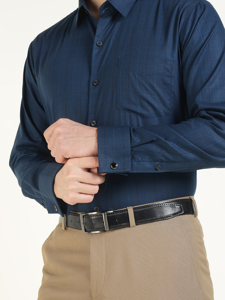 Men Navy Blue Checked Cotton Elastene Slim Fit Formal Shirt