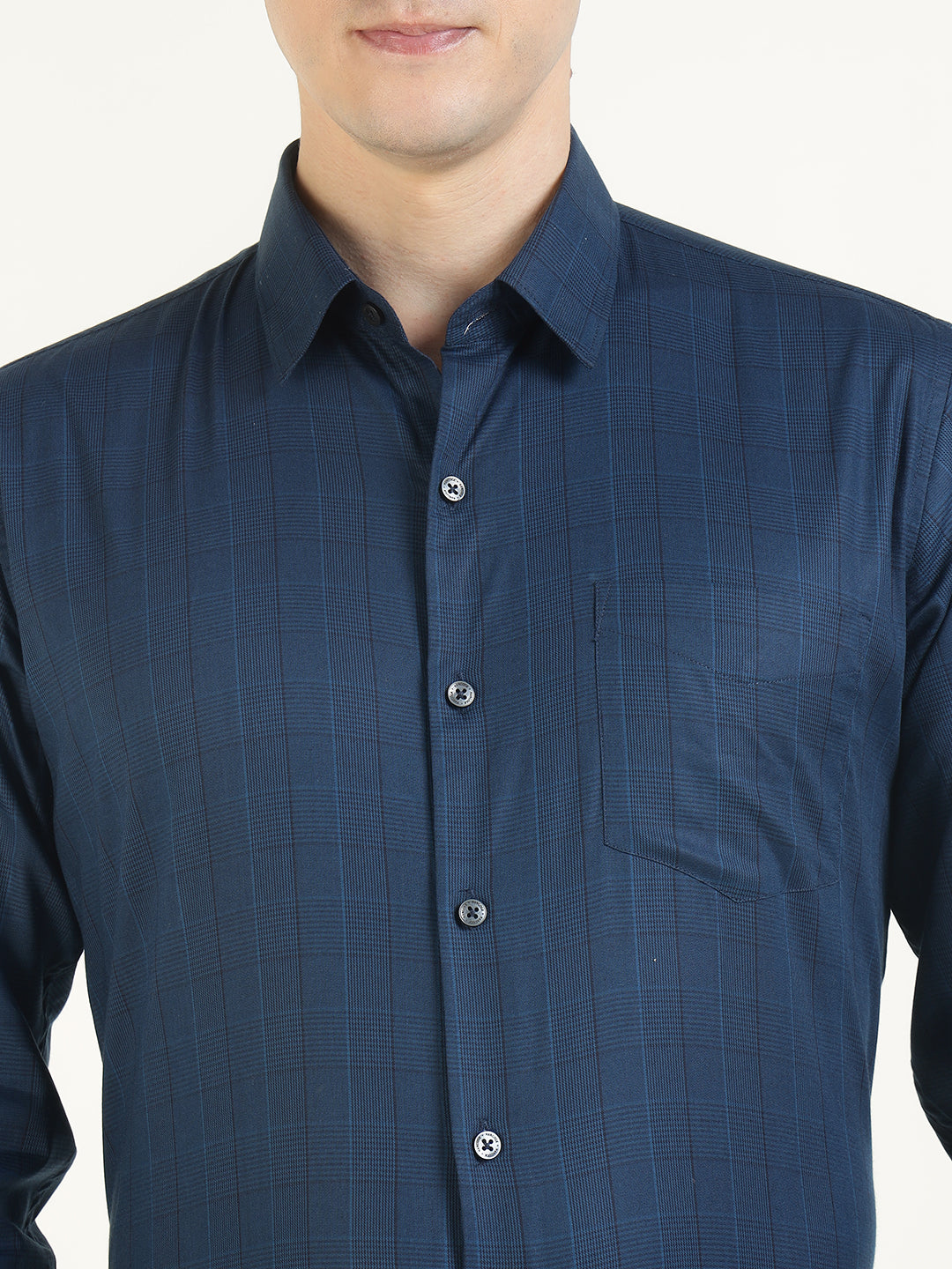 Men Navy Blue Checked Cotton Elastene Slim Fit Formal Shirt