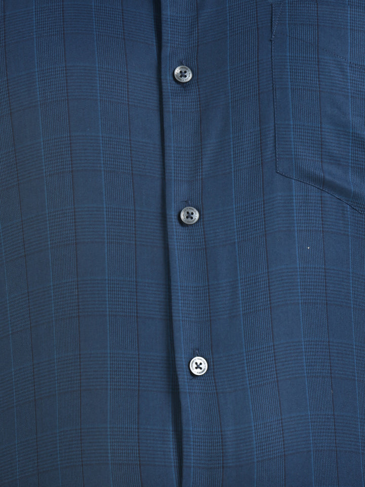 Men Navy Blue Checked Cotton Elastene Slim Fit Formal Shirt