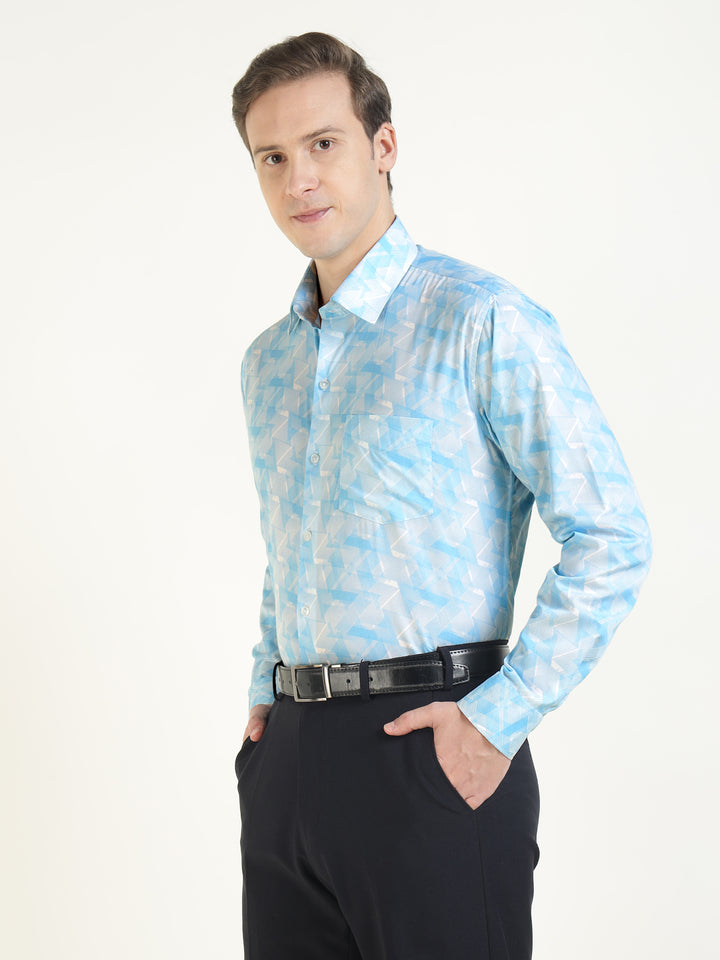 Men White & Blue Printed Pure Cotton Slim Fit Party Shirt