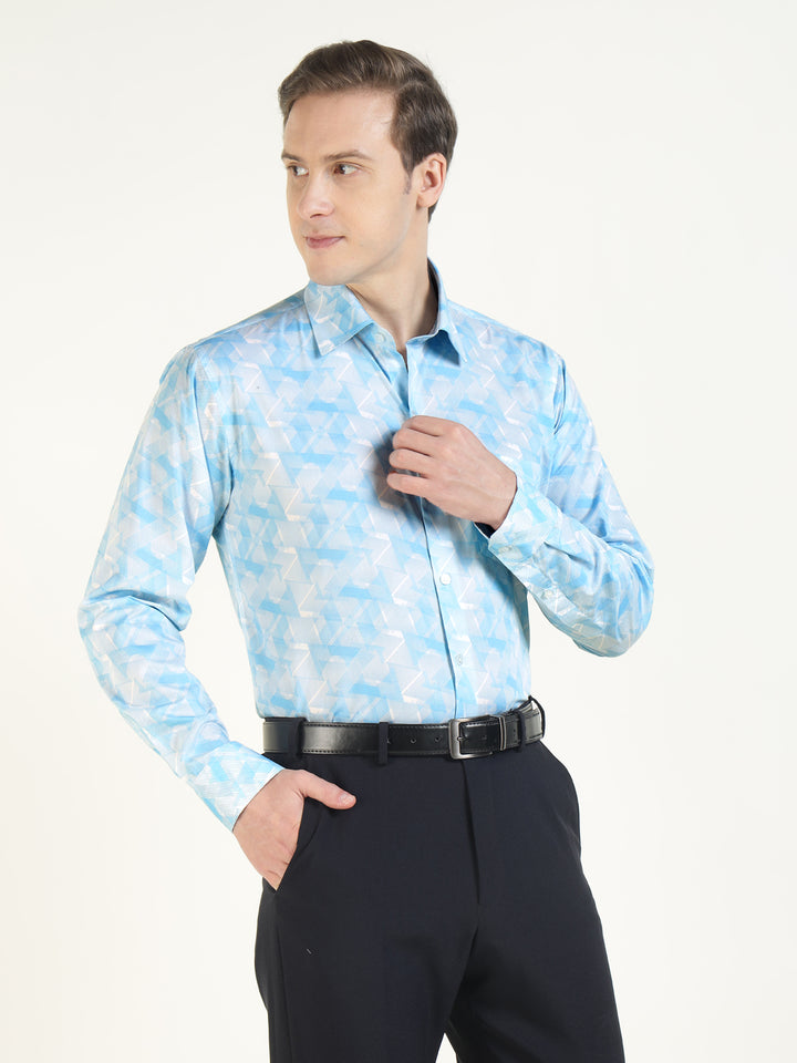 Men White & Blue Printed Pure Cotton Slim Fit Party Shirt