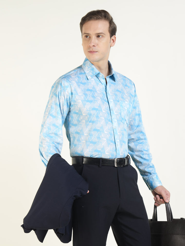 Men White & Blue Printed Pure Cotton Slim Fit Party Shirt