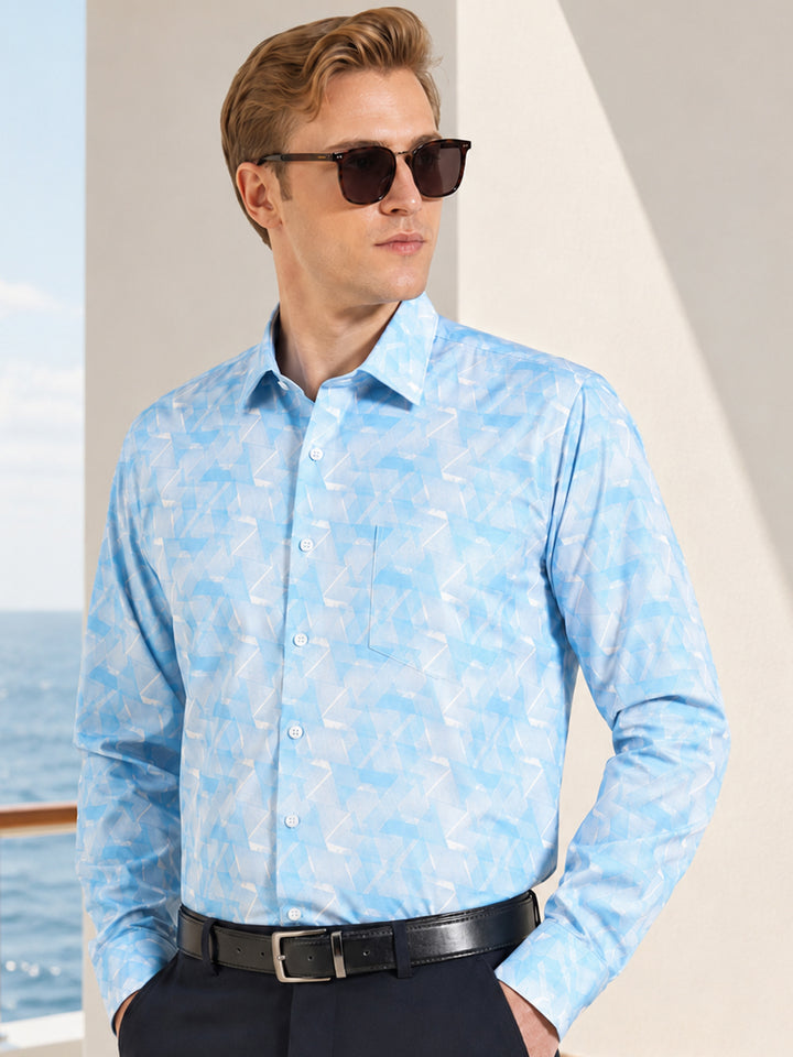 Men White & Blue Printed Pure Cotton Slim Fit Party Shirt