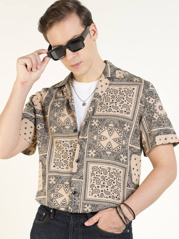 Hancock Men Beige Printed Viscose Rayon Relaxed Fit Casual Shirt