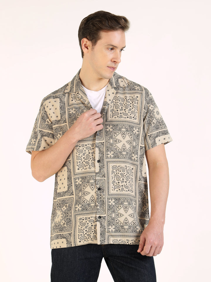 Hancock Men Beige Printed Viscose Rayon Relaxed Fit Casual Shirt