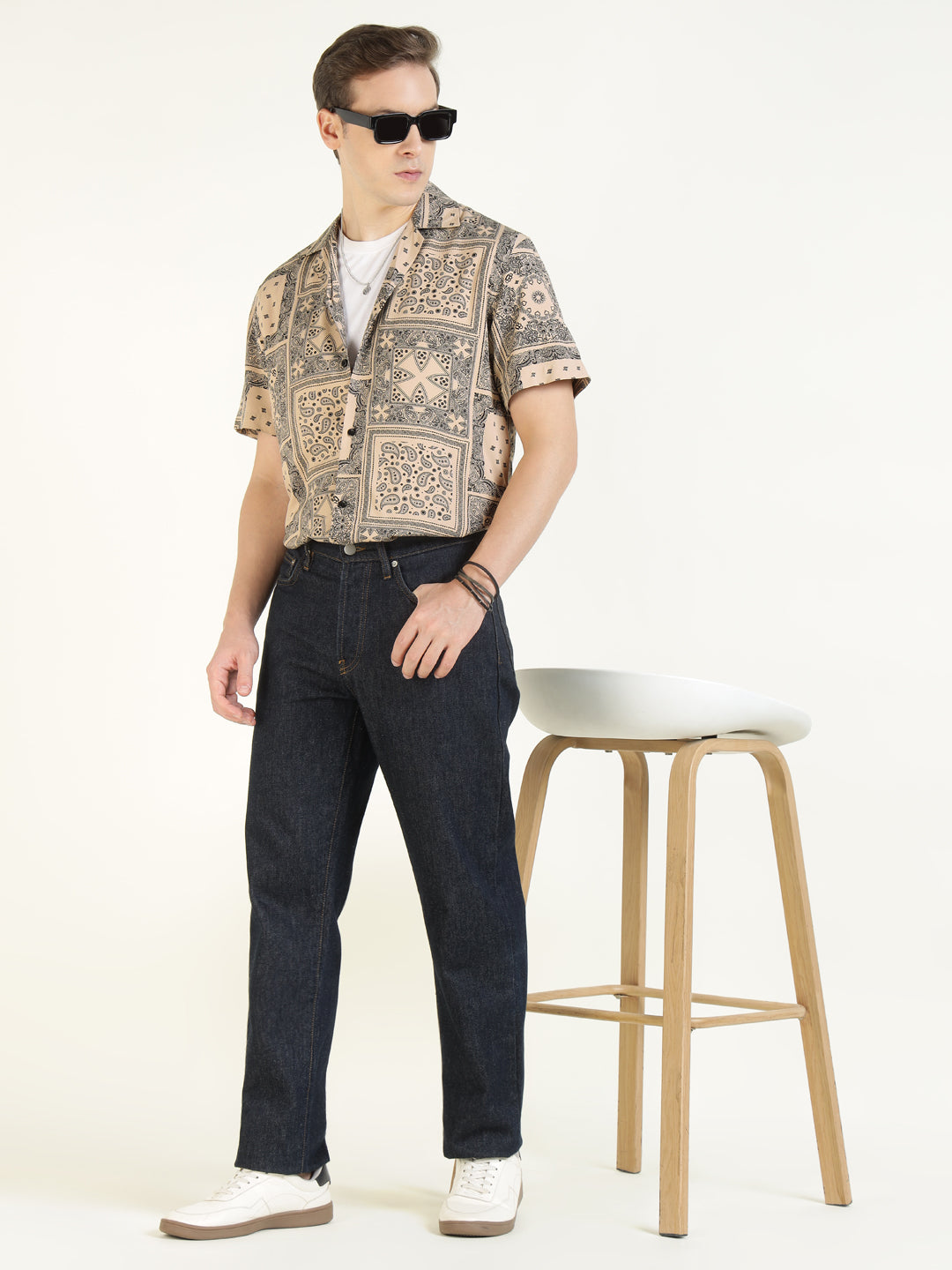 Hancock Men Beige Printed Viscose Rayon Relaxed Fit Casual Shirt