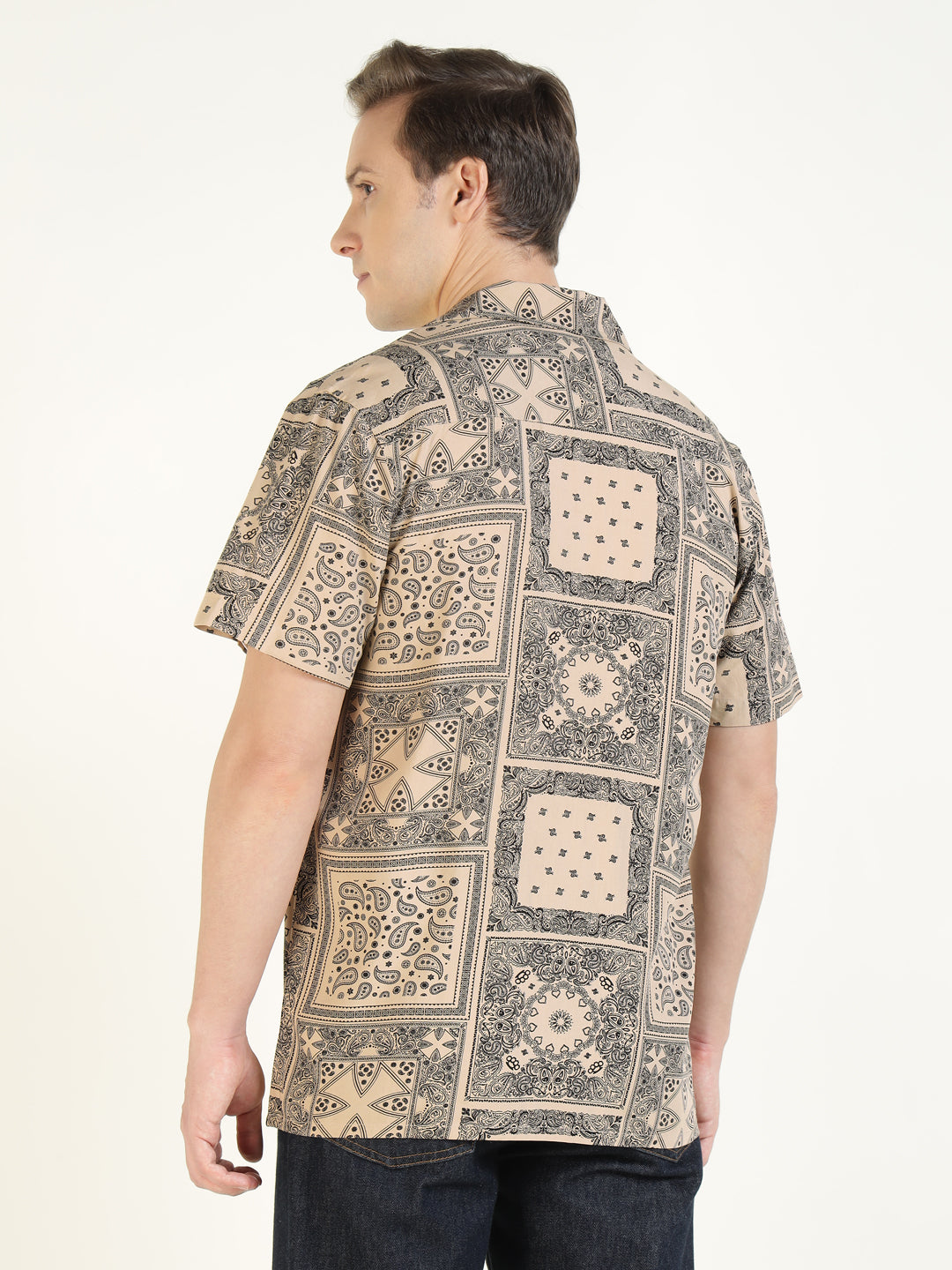 Hancock Men Beige Printed Viscose Rayon Relaxed Fit Casual Shirt