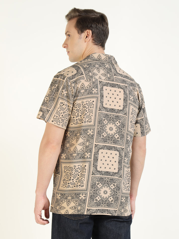 Hancock Men Beige Printed Viscose Rayon Relaxed Fit Casual Shirt