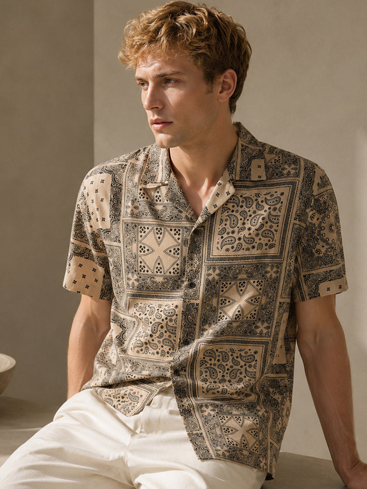 Men Beige Printed Viscose Rayon Relaxed Fit Casual Shirt
