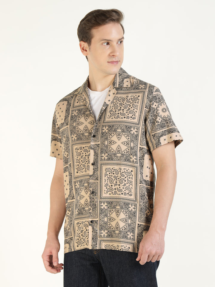 Hancock Men Beige Printed Viscose Rayon Relaxed Fit Casual Shirt