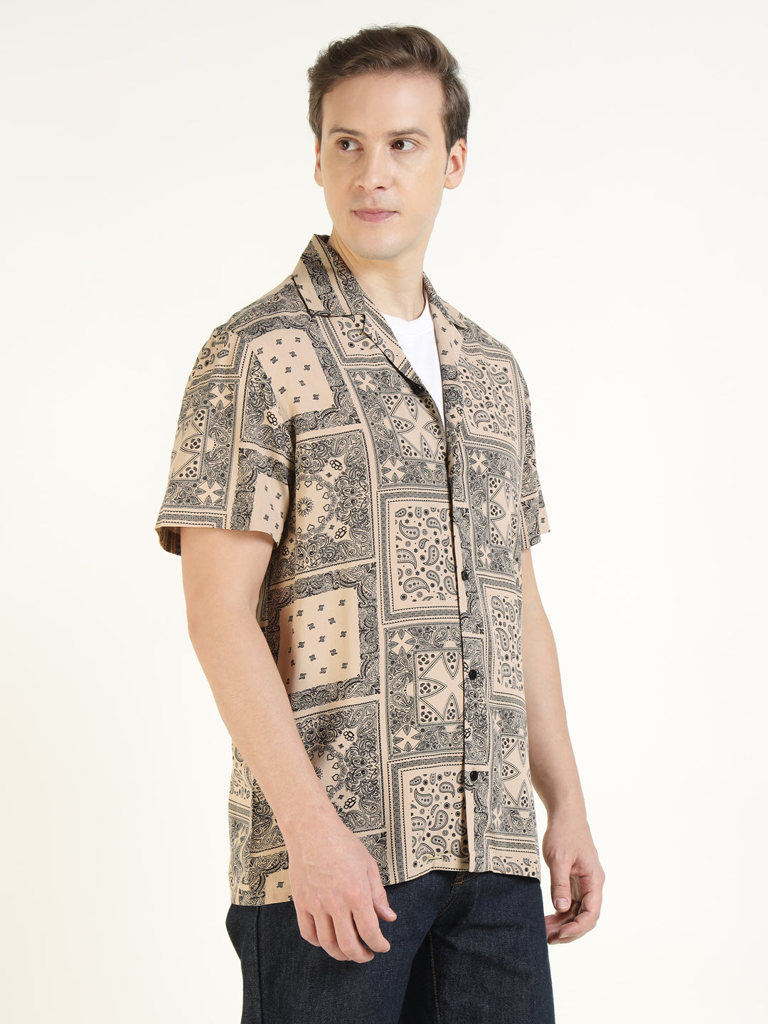 Hancock Men Beige Printed Viscose Rayon Relaxed Fit Casual Shirt