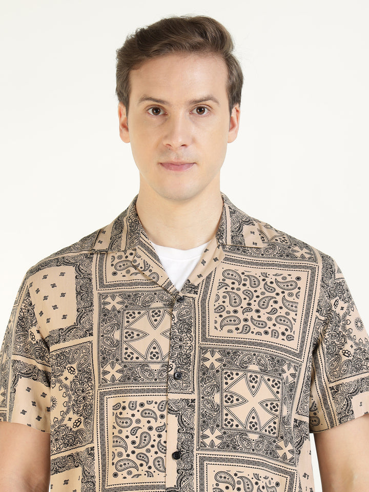 Hancock Men Beige Printed Viscose Rayon Relaxed Fit Casual Shirt