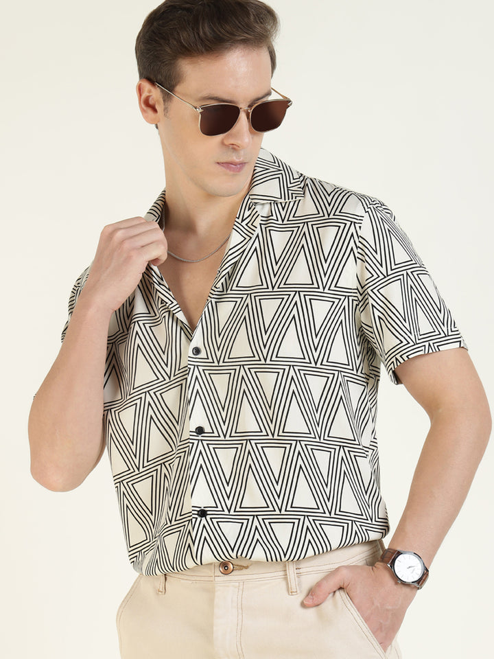 Hancock Men White Printed Viscose Rayon Relaxed Fit Casual Shirt