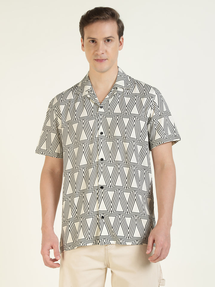 Hancock Men White Printed Viscose Rayon Relaxed Fit Casual Shirt