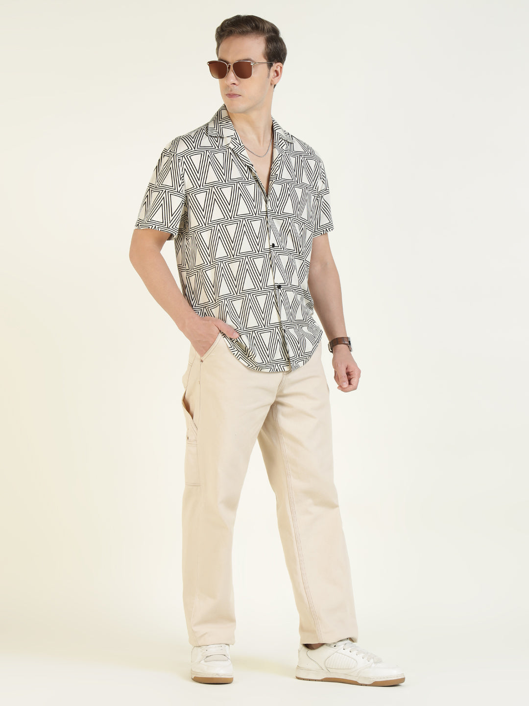 Hancock Men White Printed Viscose Rayon Relaxed Fit Casual Shirt