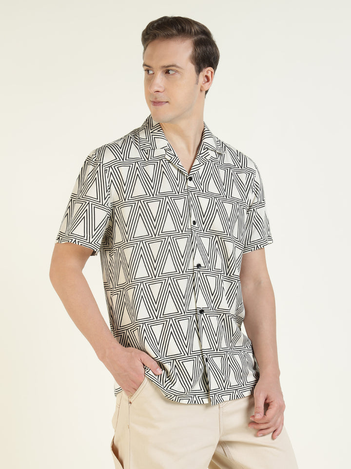 Hancock Men White Printed Viscose Rayon Relaxed Fit Casual Shirt