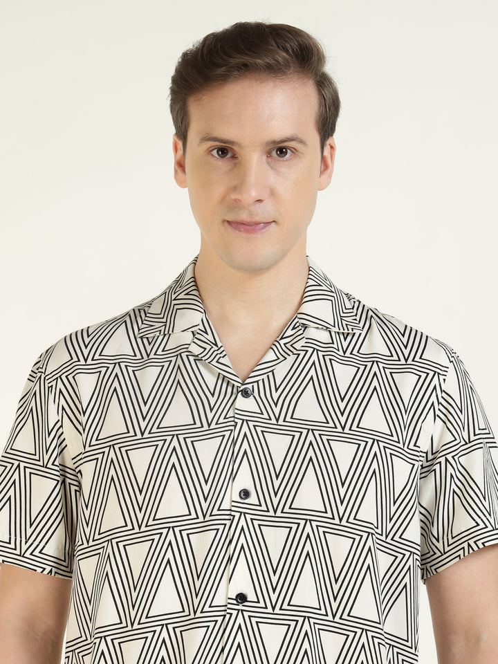 Hancock Men White Printed Viscose Rayon Relaxed Fit Casual Shirt