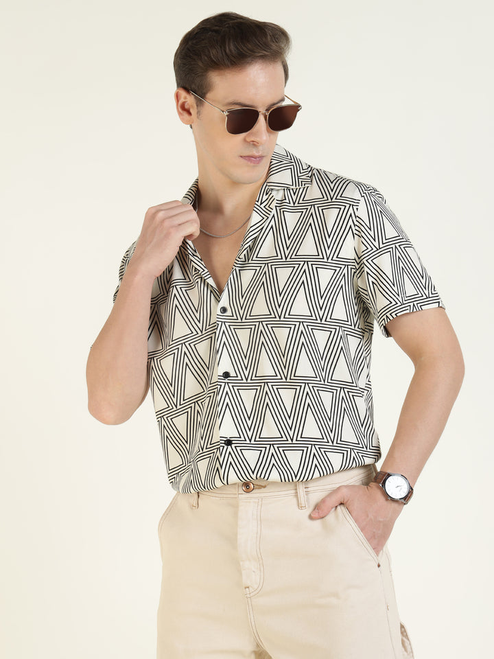 Hancock Men White Printed Viscose Rayon Relaxed Fit Casual Shirt