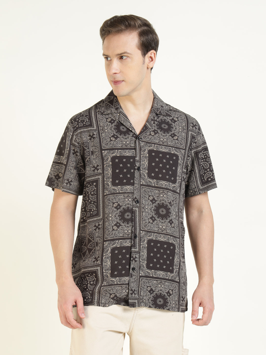 Hancock Men Black Printed Viscose Rayon Relaxed Fit Casual Shirt