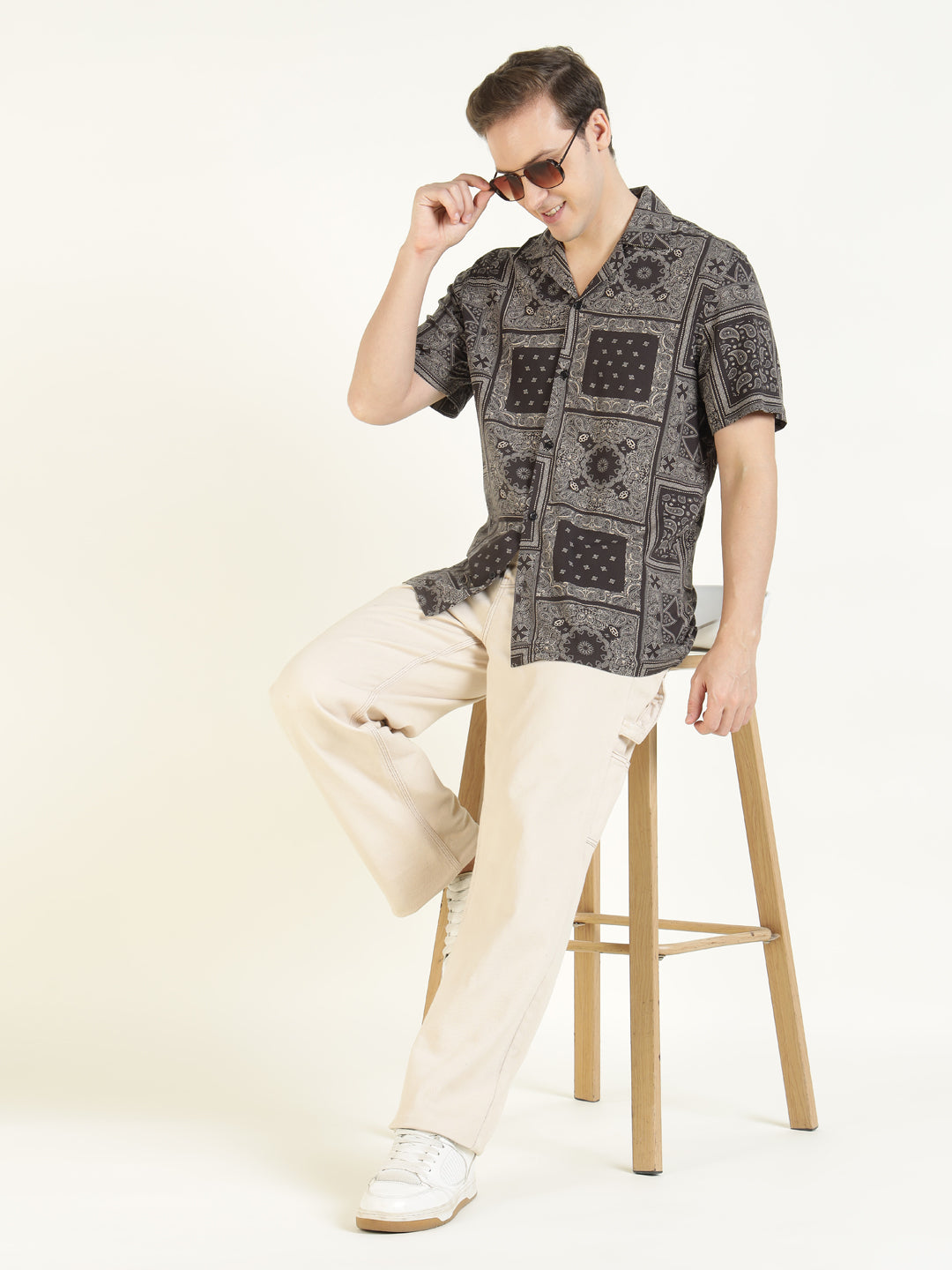 Hancock Men Black Printed Viscose Rayon Relaxed Fit Casual Shirt