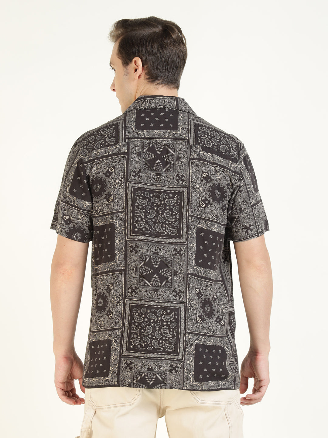 Hancock Men Black Printed Viscose Rayon Relaxed Fit Casual Shirt