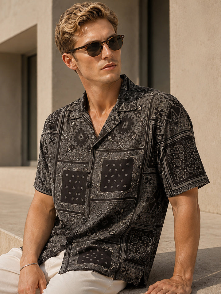 Men Black Printed Viscose Rayon Relaxed Fit Casual Shirt