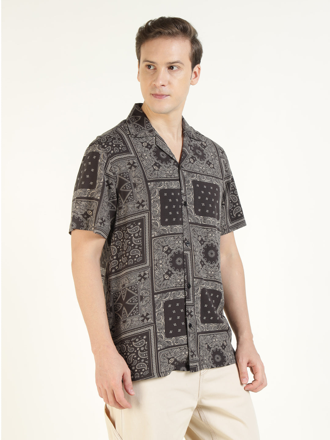 Hancock Men Black Printed Viscose Rayon Relaxed Fit Casual Shirt