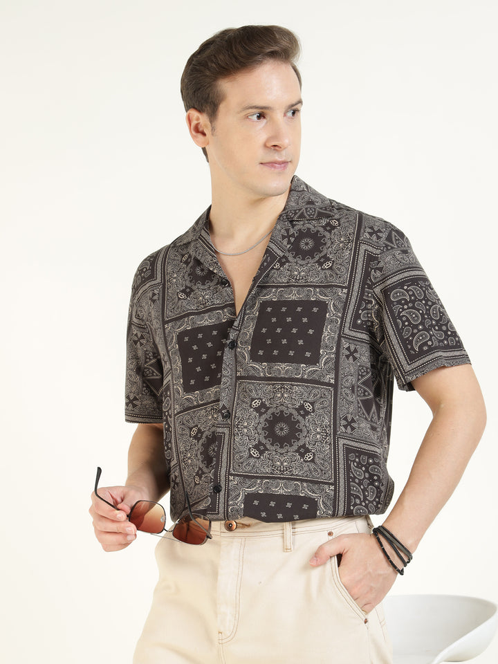 Hancock Men Black Printed Viscose Rayon Relaxed Fit Casual Shirt