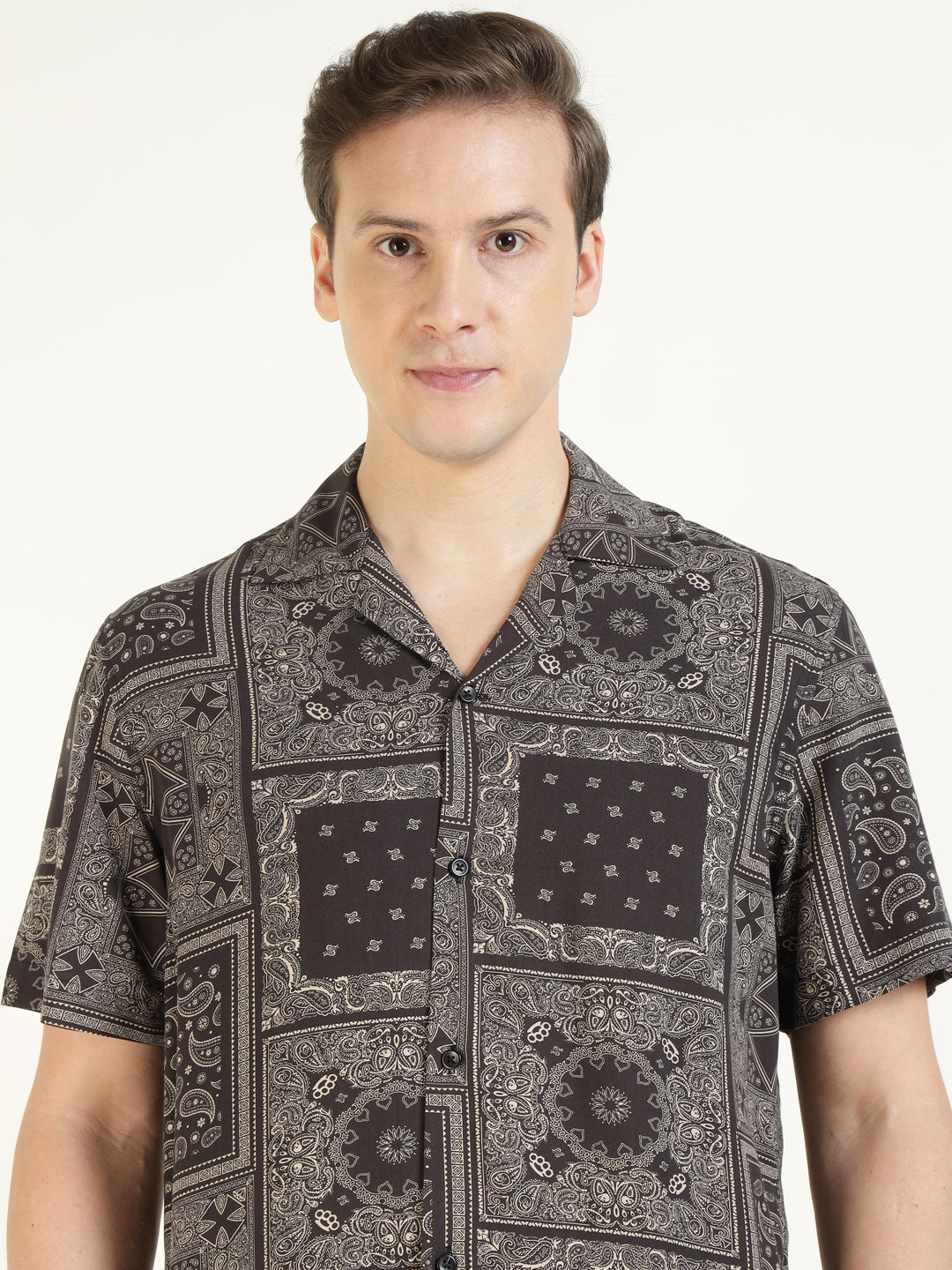 Hancock Men Black Printed Viscose Rayon Relaxed Fit Casual Shirt