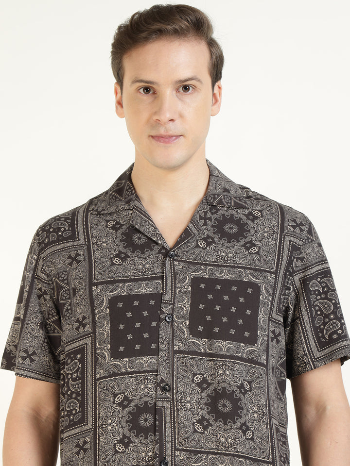 Hancock Men Black Printed Viscose Rayon Relaxed Fit Casual Shirt