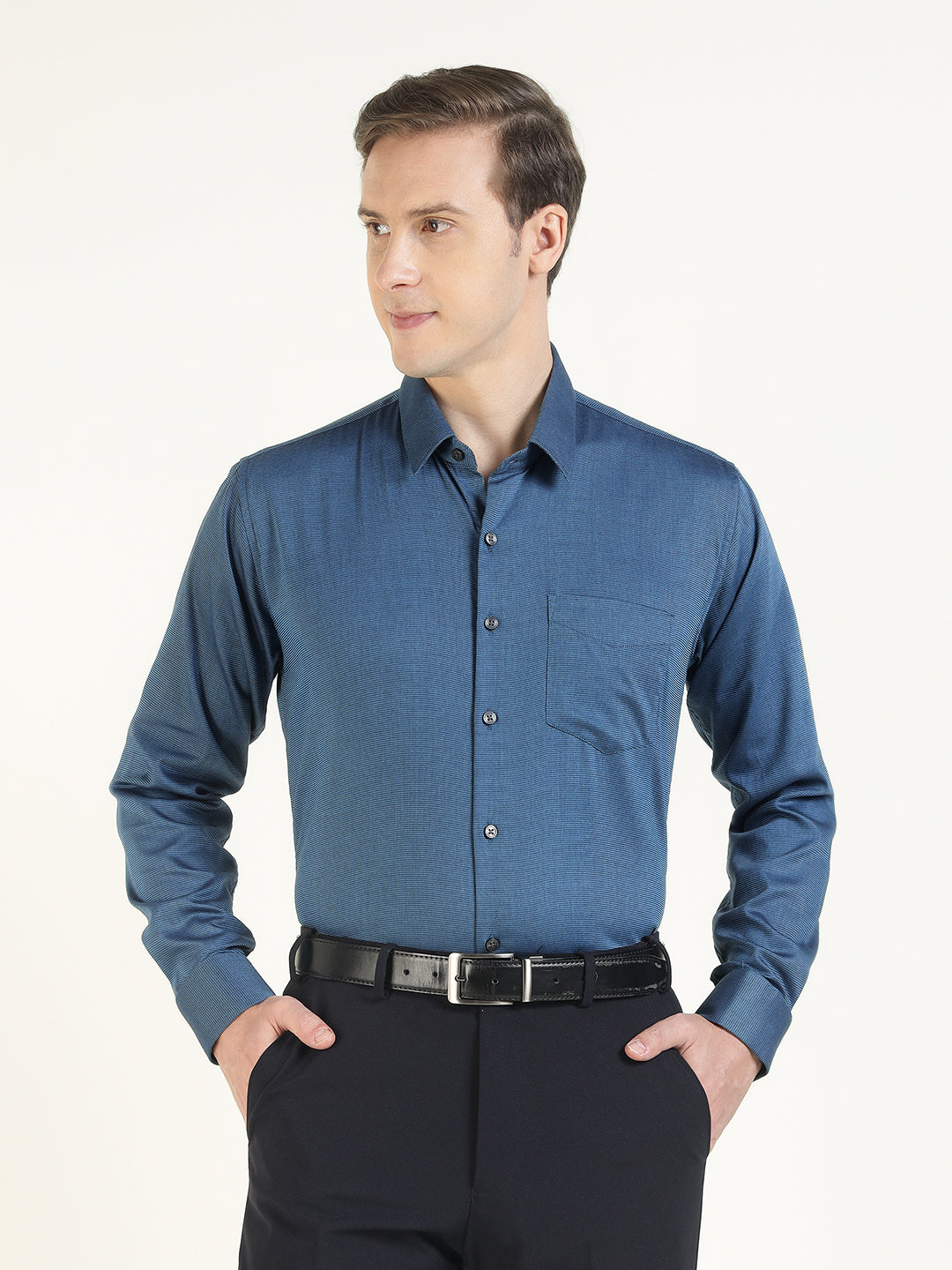 Men Blue Solid Pure Cotton Slim Fit Formal Shirt