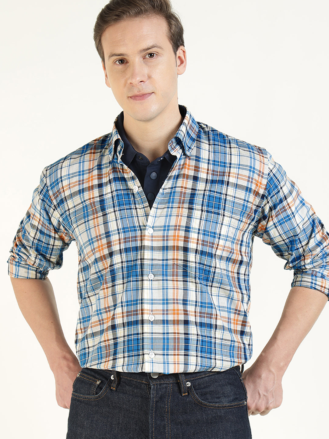 Hancock Men Cream & Blue Checked Pure Cotton Slim Fit Casual Shirt