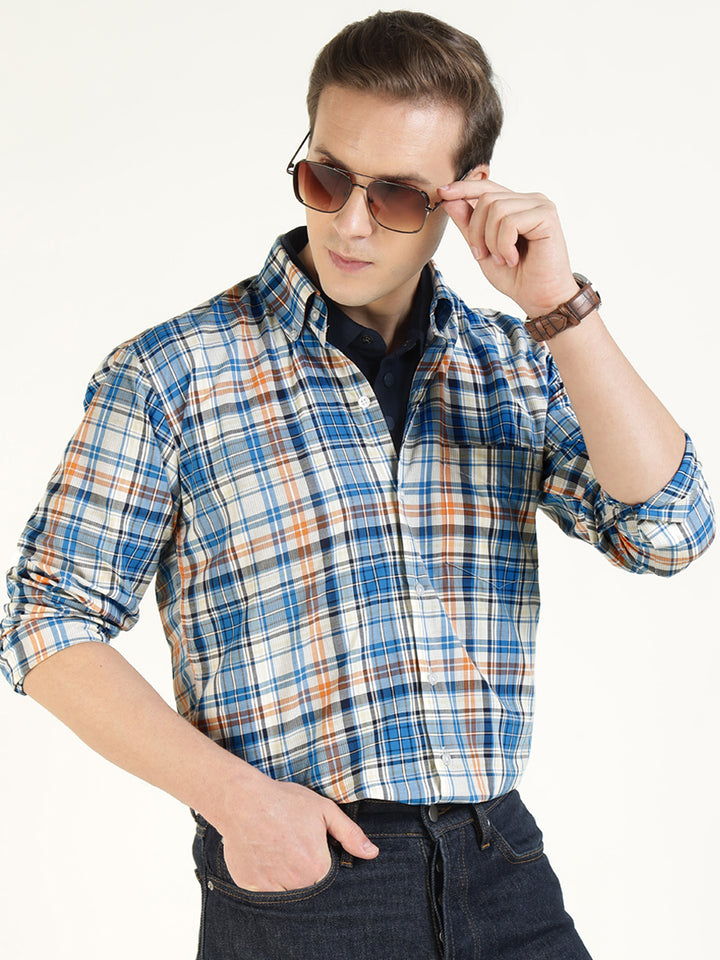 Hancock Men Cream & Blue Checked Pure Cotton Slim Fit Casual Shirt